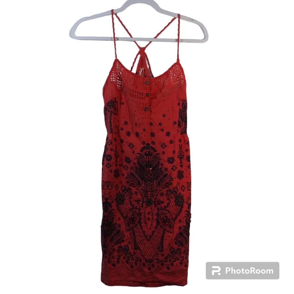 FREE PEOPLE EMBELLISHED BENJI DRESS SUNSHINE RED LINEN COTTON SIZE 0